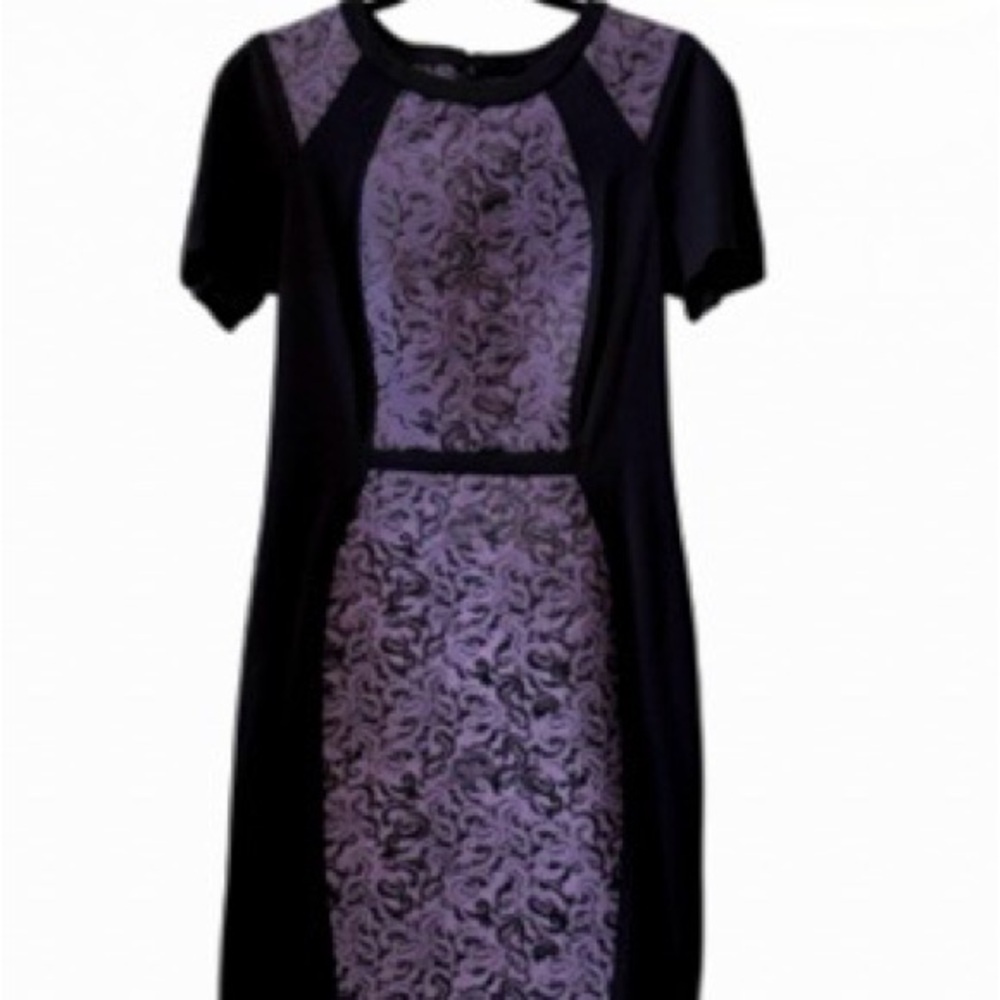 Yoana Baraschi Purple Rain Contrast Sheath Damask ColorBlock Black Stretch Sz 8